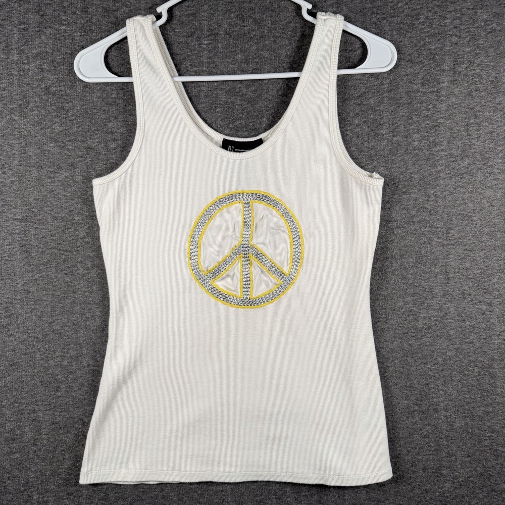 INC International Concepts Tank Top Womens XL White Sequin Peace Ribbed Y2K BOHO